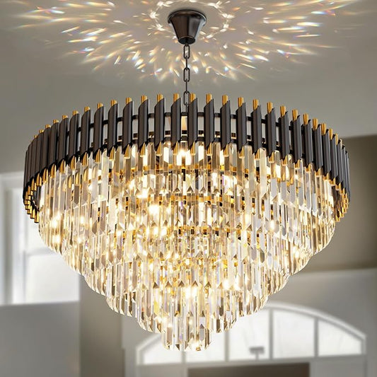 32 inch Black Gold Crystal Chandelier 6-Tier Modern Luxury Pendant Light Fixture for High Ceiling 13-Light Large K9 Crystal Lighting for Foyer Living Room Dining Room