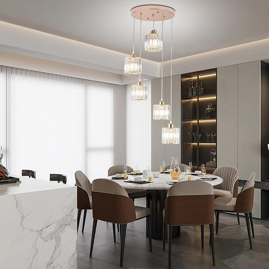 Crystal Pendant Lights Chandeliers for High Ceilings Modern Crystal Chandeliers Hanging Light Fixture Raindrop Drop Lamp for Dining Room Foyer Living Room Entryway Gold 5 Lights