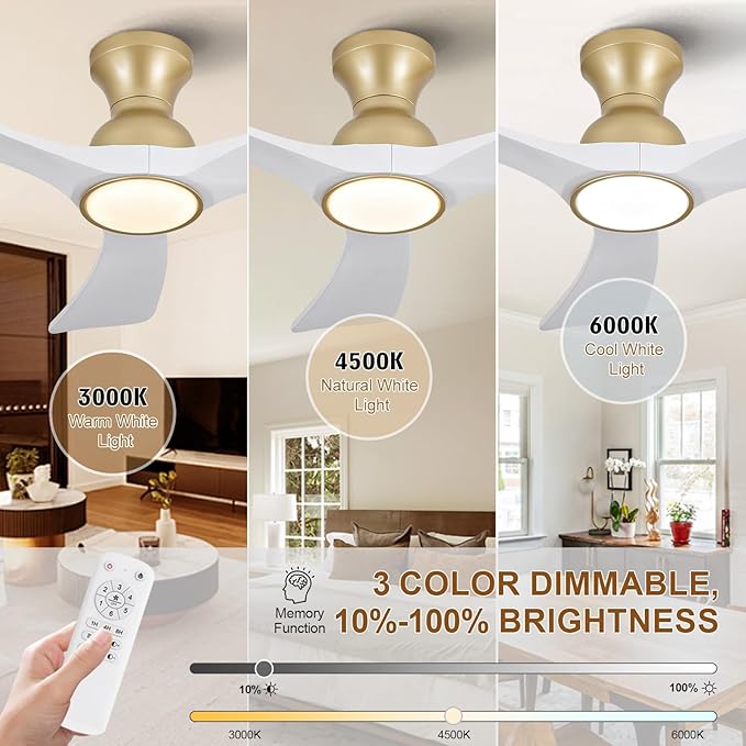 White Gold Ceiling Fans with Lights Flush Mount,42 inch Solid Wood,Remote Control,Wall Switch,Dimmable,Reversible,Power Off Memory Modern Ceiling Fan Indoor/Outdoor for Bedroom Patios