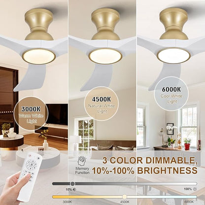 White Gold Ceiling Fans with Lights Flush Mount,42 inch Solid Wood,Remote Control,Wall Switch,Dimmable,Reversible,Power Off Memory Modern Ceiling Fan Indoor/Outdoor for Bedroom Patios