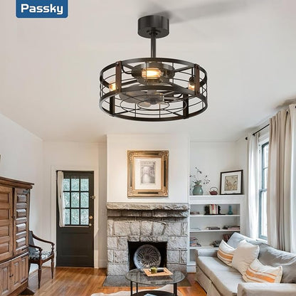 Passky 20 Inch Farmhouse Caged Ceiling Fans with Lights and Remote, Black Downrod Mount Bladeless Fandelier, 6 Speeds Bladeless Ceiling Fan Light for Bedroom, Kitchen, Living Room, Indoor