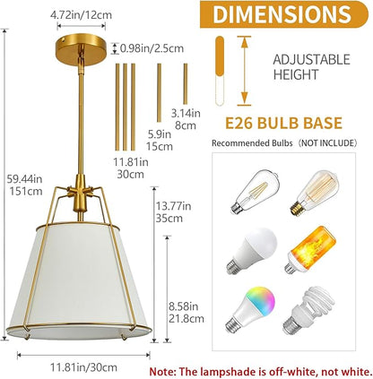 Modern Pendant Light Fixtures with 13" Off-White Linen Fabric Shade, Adjustable Hanging Light Fixture,Drum Gold Vintage Chandelier for Kitchen Island Bedroom Dining Room Foyer Entryway