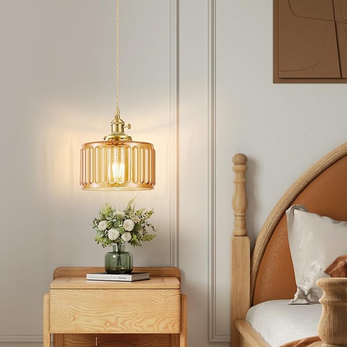 Plug in Pendant Light, Hanging Lights with Plug in Cord, Hanging Light Fixture with Clear Glass, E26 Pendant Lighting for Kitchen Island, Bedroom, Dining Room- Amber Color