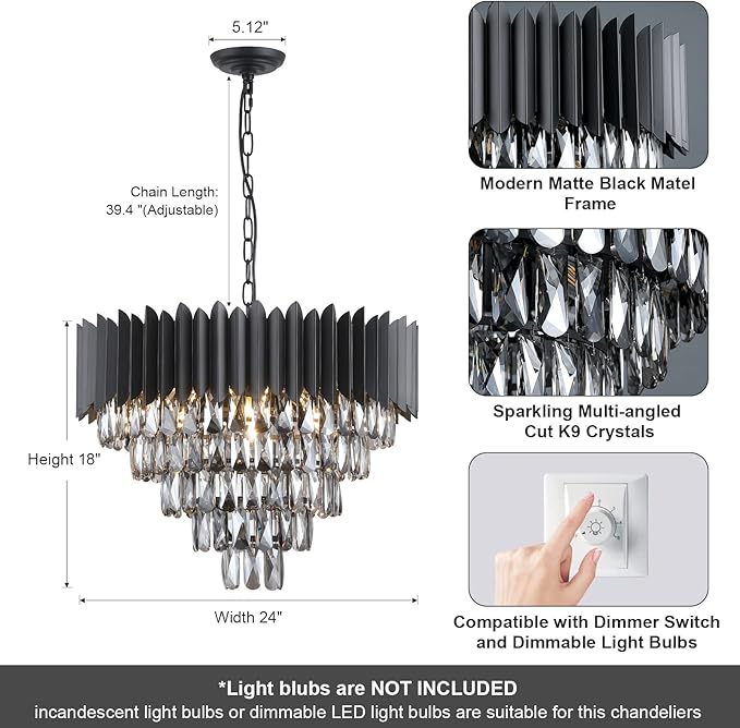 A AXILIXI Black Crystal Chandeliers,Contemporary 24'' Modern Ceiling Lights Fixtures Flush Mount Pendant Light 12 Lights 5-Tiers K9 Large Hanging Lamp for Entryway Dinning Room Living Room Bedroom