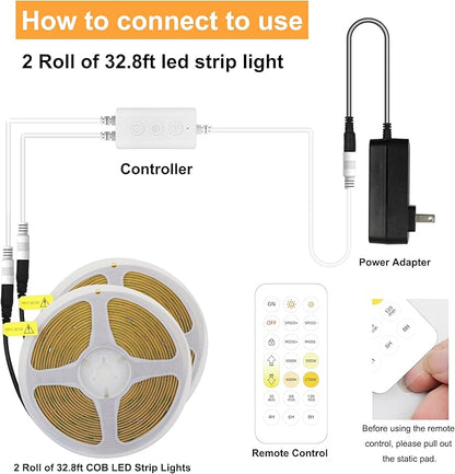 AXMOTUT CCT COB LED Strip Lights, 65.6ft Dimmable 2700K-6500K 24V Tunable White LED Light Strip Kit, High Density CRI 90+ LED Strips with Remote Controller and Power Supply.2 Rolls of 32.8ft
