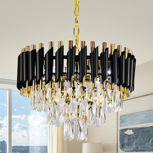 FRIXCHUR Modern Crystal Chandeliers 16" Black and Gold Chandelier Round Crystal Pendant Light 3-Tier Modern Chandeliers for Dining Room Living Room Bedroom Foyer