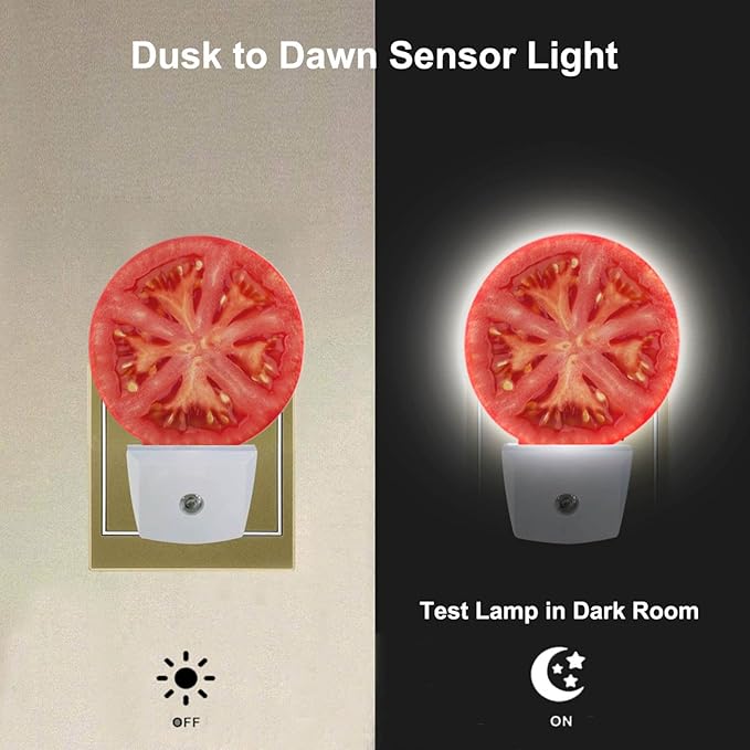 Tomato Night Light Novelty LED Lighting Red Tomato Slice Healthy Vegetable Decorative Night Lights Plug into Wall Auto Sensor Sleep Friendly for Boys Girls Men Women
