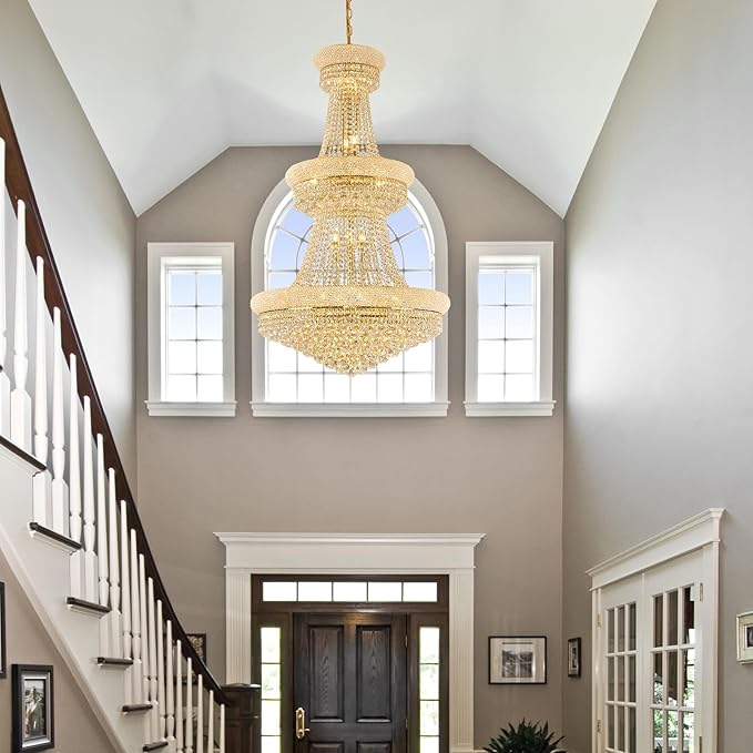 31 Lights Gold Finish Large Empire Crystal Chandelier - Three-Tier, High Ceiling Chandelier Light fixtures for Foyer Staircase Living Room Entryway (Dia 32'')