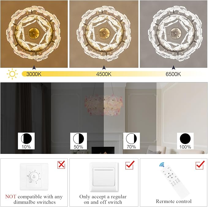 Modern Pink Flower Chandelier 20'' Gold Crystal Light Fixture Dimmable LED Ceiling Pendant Lighting with Remote Control Contemporary for Dining Room Entryway Bedroom Kitchen(3000K-6500K)