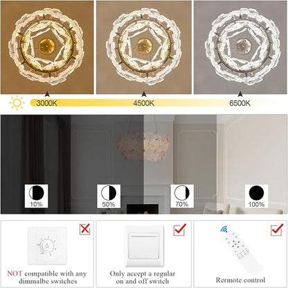 Modern Pink Flower Chandelier 20'' Gold Crystal Light Fixture Dimmable LED Ceiling Pendant Lighting with Remote Control Contemporary for Dining Room Entryway Bedroom Kitchen(3000K-6500K)