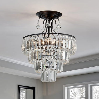 CVKASH 5 -Lights Crystal Round Chandelier Antique Modern Black Semi Flush Mount Ceiling Light Fixture Ceiling Lighting for Living Room Dining Room Bedroom Entryway Foyer Bathroom with E12