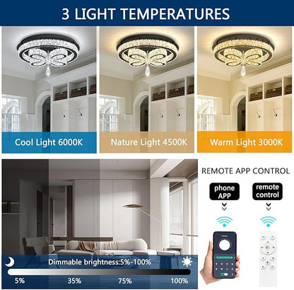 20'' Modern Crystal Chandelier LED Dimmable Flush Mount Ceiling Light Pendant Light for Living Room Bedroom Dining Room Black