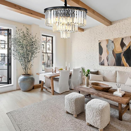 Black Modern Crystal Chandelier Lighting K9 Crystal Round Chandelier Hanging Ceiling Light Fixture 3-Tier Contemporary Crystal Pendant Light for Dining Room Living Room Bedroom 21.68inch