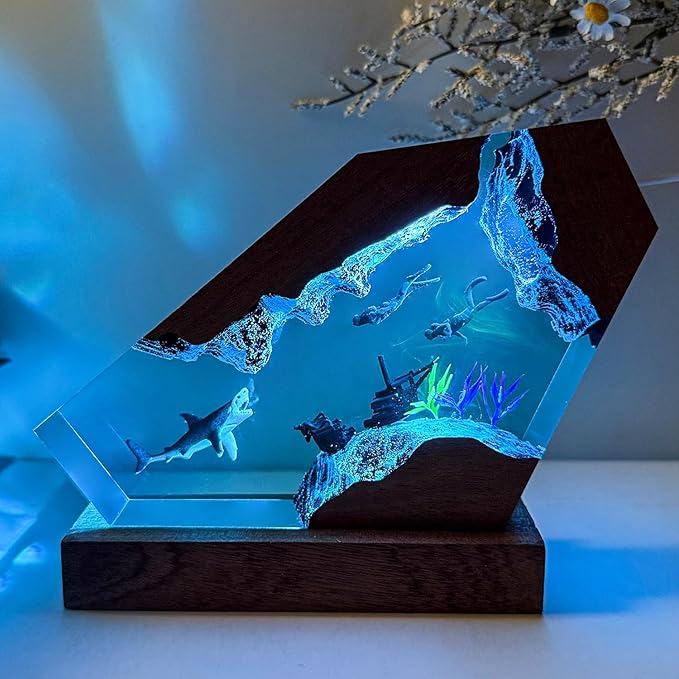 Epoxy Shark Ocean Resin Lamp, Handmade Resin Night Light with USB Port, Multi-Color LED Light, Ideal Home Bedroom Decor, Scuba Diver Gift for Birthday Holiday, Unique Shark Gifts for Him Her (10"x6")