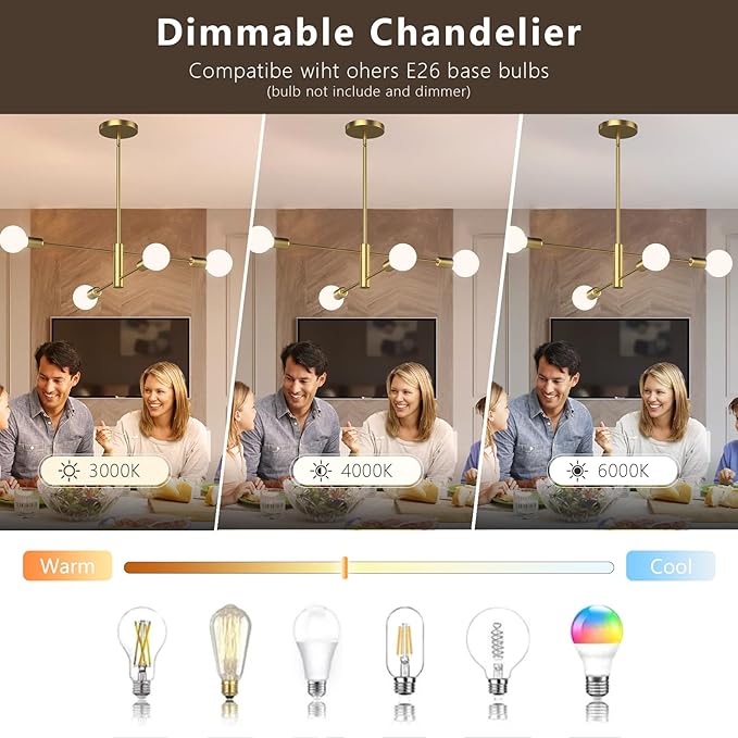 Gold Modern Sputnik Chandelier, 4-Lights Mid Century Chandeliers Flush Mount Sputnik Lights Fixture for Dining Room, Living Room,Kitchen Island Height Adjustable (Bulbs Not Included)