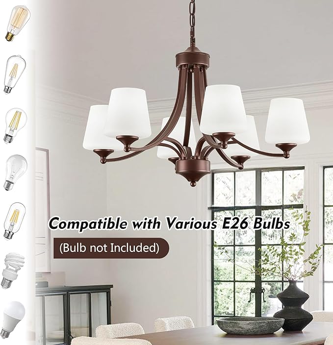 Oil-Rubbed Bronze Farmhouse Chandelier for Dining Room Hanging Lighting Fixtures 6-Light Chandelier with Frosted Glass Shade, Rustic Pendant Light for Kitchen Island Adjustable Height 47.2’’