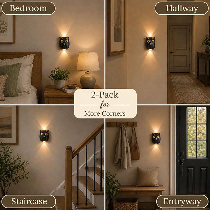 2-Pack Obsidian Owl Wall Lamp, Cute LED Night Light for Bedroom Decor, Warm Ambient Lighting for Kids Room, Nursery & Hallway, Creative Animal Wall Light, Gift for Home Decoration