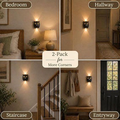 2-Pack Obsidian Owl Wall Lamp, Cute LED Night Light for Bedroom Decor, Warm Ambient Lighting for Kids Room, Nursery & Hallway, Creative Animal Wall Light, Gift for Home Decoration
