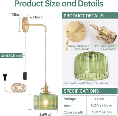 Shenmoyl Vintage Wall Sconce Wall Lamp with Green Striped Glass Shade Hanging Wall Sconce with 4.9FT Plug in Cord, Modern Wall Lamp Fixtures Decor for Bedside Bedroom Indoor Doorway