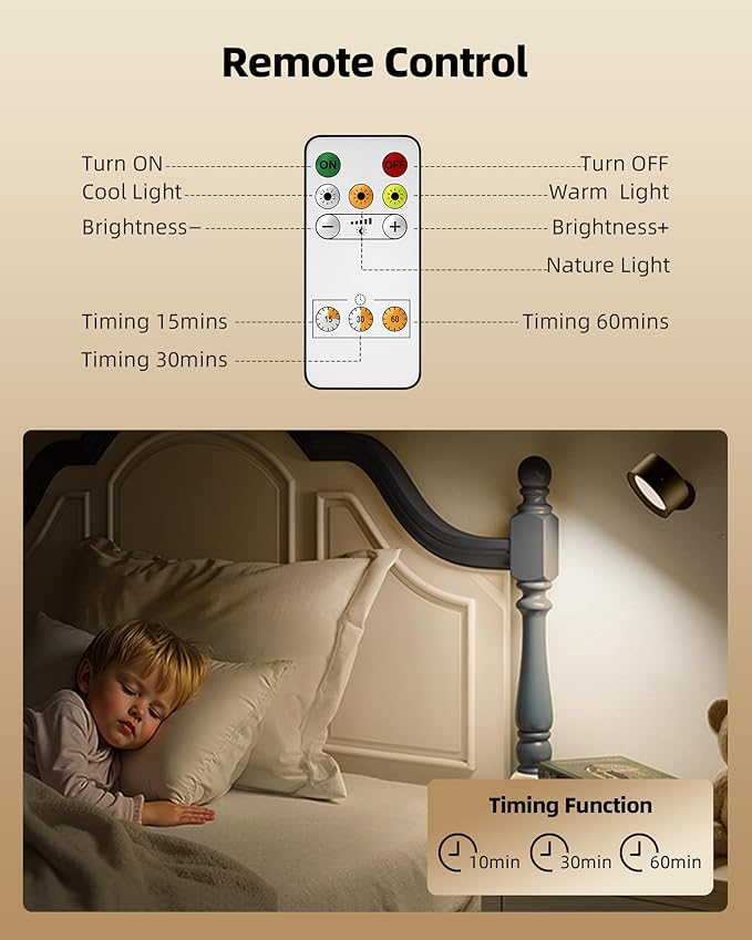 LED Wall Mounted Lights, Rechargeable Wall Sconces with Remote & Touch Control, 3 Color Temperatures 360° Rotation Dimmable Cordless Wall Light for Bedroom Study Reading Bedside (Black, 3 Pack)