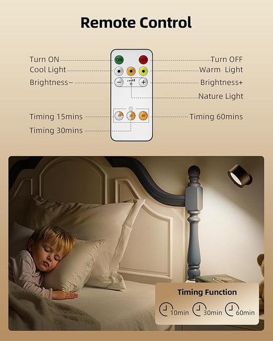 LED Wall Mounted Lights, Rechargeable Wall Sconces with Remote & Touch Control, 3 Color Temperatures 360° Rotation Dimmable Cordless Wall Light for Bedroom Study Reading Bedside (Black, 3 Pack)