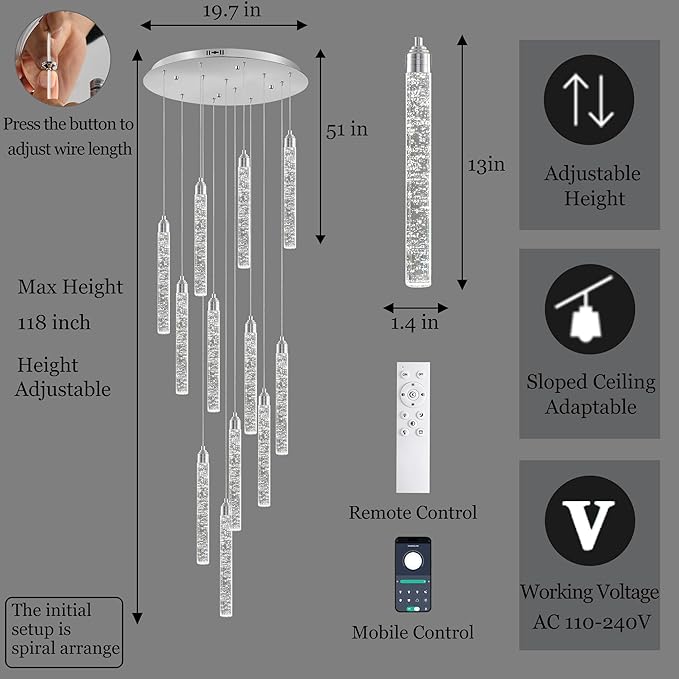 Crystal Staircase Chandelier, Modern Chrome Large Spiral Dimmable LED Cluster Raindrop Foyer Chandelier Lighting, Bubble Living Room Hanging Light Fixture 12 Light Remote Control