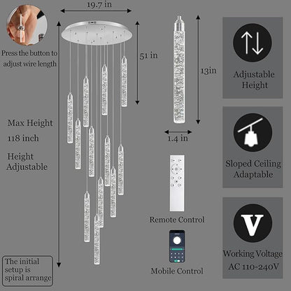 Crystal Staircase Chandelier, Modern Chrome Large Spiral Dimmable LED Cluster Raindrop Foyer Chandelier Lighting, Bubble Living Room Hanging Light Fixture 12 Light Remote Control