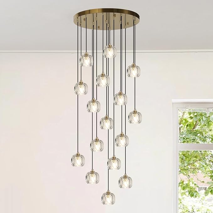 Round Crystal Chandelier, Large Farmhouse Hanging Lamps High Ceiling, Modern Brass Raindrop Pendant Light Fixtures for Dining Room Staircase Living Room