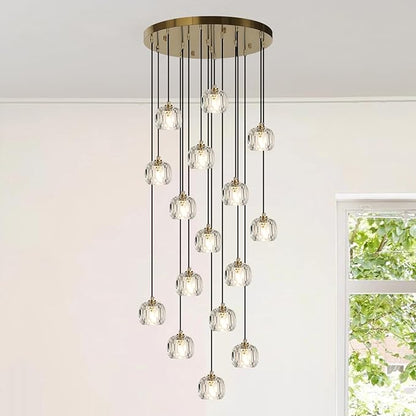 Round Crystal Chandelier, Large Farmhouse Hanging Lamps High Ceiling, Modern Brass Raindrop Pendant Light Fixtures for Dining Room Staircase Living Room