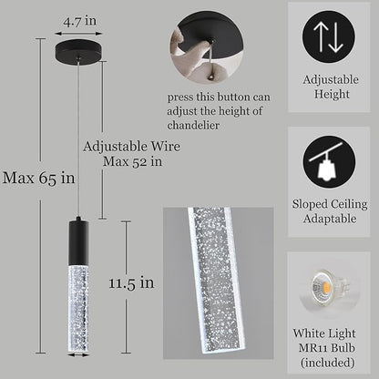 3-Pack Modern Crystal Pendant Light for Kitchen Island, Elegant Black LED Bubble Hanging Chandelier Lighting Fixture for Dining Room Bedside