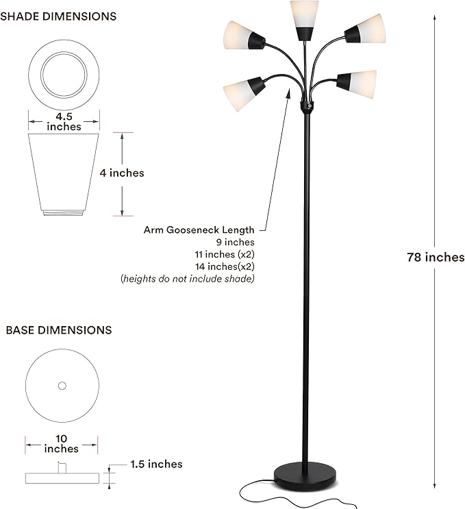Brightech Medusa Modern LED Floor Lamp – Multi Head Floor Lamp for Living Rooms & Offices – Tall Lamp with Interchangeable Shade, Standing Lamp with 5 LED Bulbs for Hobbies - Black