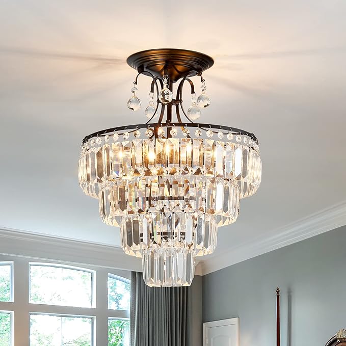 CVKASH 5 -Lights Crystal Round Chandelier Antique Modern Black Semi Flush Mount Ceiling Light Fixture Ceiling Lighting for Living Room Dining Room Bedroom Entryway Foyer Bathroom with E12