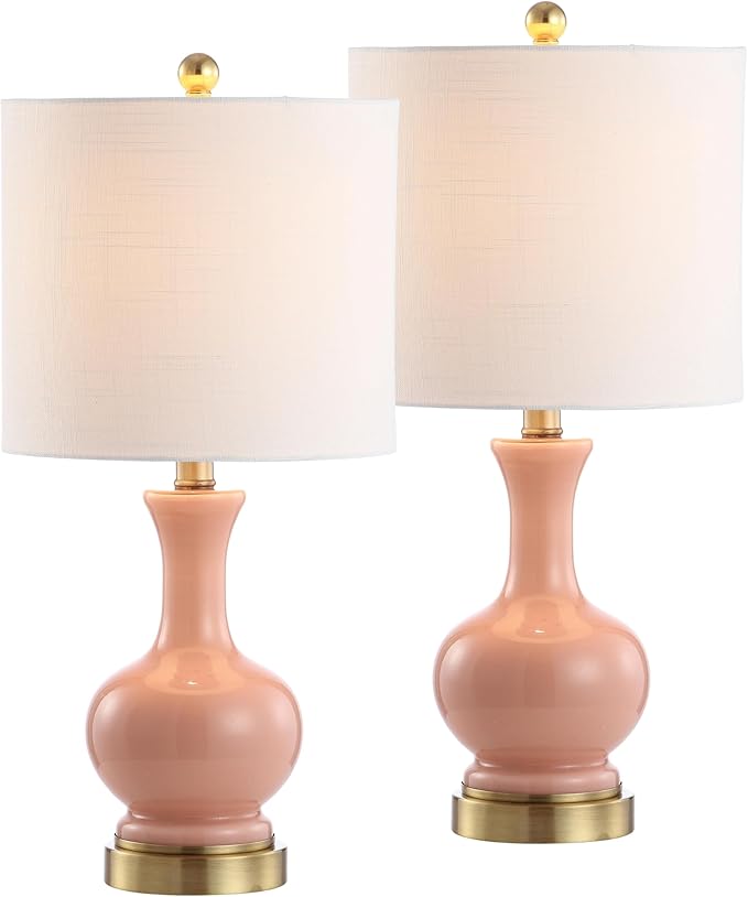 JONATHAN Y 22" Light Coral/Brass Gold Modern Glass Table Lamp Set of 2, Brass Gold Bedside Lamp with White Linen Shade for Bedroom Living Room, LED Bulbs Included (JYL4033D-SET2)