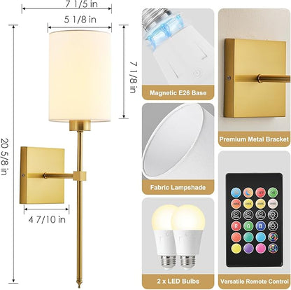 KARTOOSH Battery Operated Wall Sconce Set of Two, Wireless Rechargeable Wall Light with Remote Control, Dimmable, 4 Color Temperatures, RGB, Timer, for Living Room,Bedroom,Entryway, Gold, 20.6 Inch