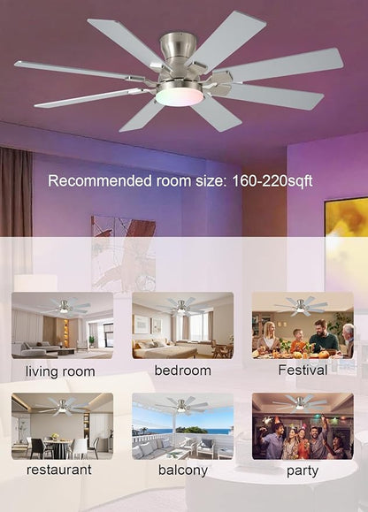 JSAITEE 52 inch Ceiling Fan with Light, 6 Speeds Reversible Low Profile Ceiling Fan with Light and Remote/APP Control, 3 Color Temp+Dimmable RGB, 8 Blades, Flush Mount Quiet Ceiling Fans, Nickel