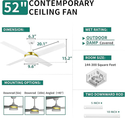 YITAHOME 52 Inch White Gold Ceiling Fans with Light and Remote, Dimmable Fan for Indoor, Modern Wood LED Fan with Quiet Reversible Motor, Memory Function, for Bedroom, Living Room