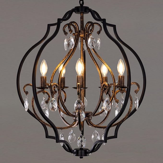 TOCHIC 5 Lights Farmhouse Chandelier, Rustic Orb Chandeliers for Dining Room, Black Crystal Chandelier Light Fixture for Living Room, Bedreoom, Hallway, Bronze, D 27"