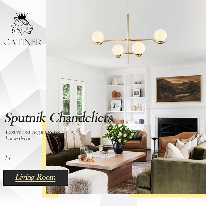 CATINER 4 Lights Modern Gold Sputnik Chandelier, L31 '' Large Mid Century Long Ceiling Pendant Light Fixtures with Milk Glass Globe Shades for High Ceiling Living Room Foyer Dining Room Bedroom