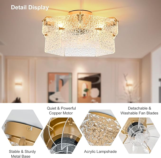 Ganeed Gold Fandelier Ceiling Fan with Light, 20inch Crystal Fandelier Ceiling Fan with Remote Caged Enclosed Bladeless Reversible 6 Speeds for Bedroom, Kitchen, Foyer, Living Room, Nursery