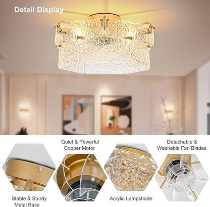 Ganeed Gold Fandelier Ceiling Fan with Light, 20inch Crystal Fandelier Ceiling Fan with Remote Caged Enclosed Bladeless Reversible 6 Speeds for Bedroom, Kitchen, Foyer, Living Room, Nursery