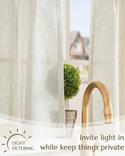 jinchan Tie Top Linen Kitchen Curtains Over Sink 24 Inch Length Tier Curtains Farmhouse Rustic Small Cafe Curtain for Bedroom Living Room Bathroom Half Window Light Filtering Privacy 2 Panels Crude