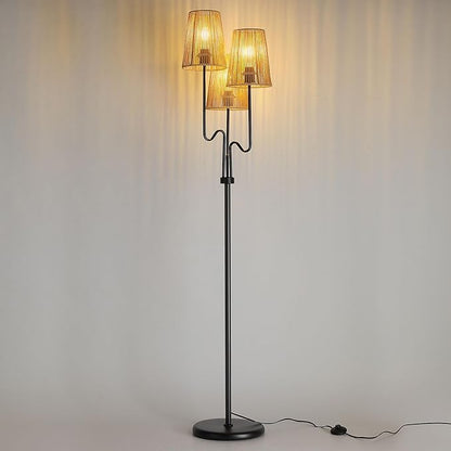 Boho Floor Lamp, 68in. Rattan Floor Lamps with Rattan Shade,3 Light Tree Standing Lamp for Bedroom,Nursery,E26 Socket, Living Room Floor Lamp for Rustic,Coastal, Beach or Bohemian Decor (Black)