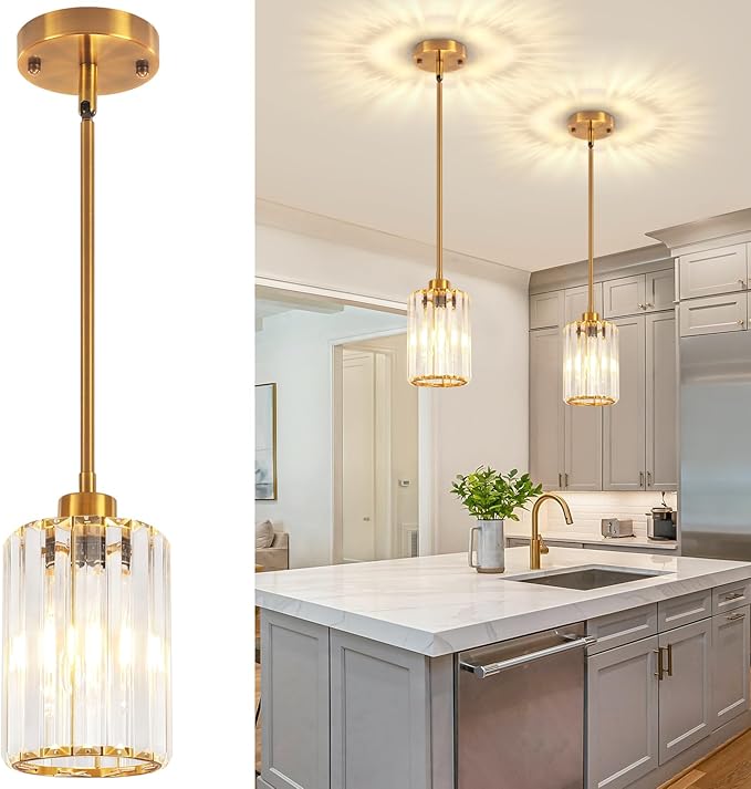 2 Pack Brushed Gold Pendant Lights Kitchen Island, Modern Crystal Kitchen Pendant Lighting Over Island Dining Room Light Fixtures Adjustable Hanging Pendant Light for Bathroom Hallway Foyer Bedroom