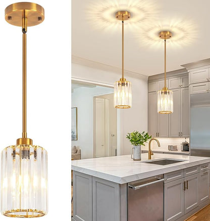 2 Pack Brushed Gold Pendant Lights Kitchen Island, Modern Crystal Kitchen Pendant Lighting Over Island Dining Room Light Fixtures Adjustable Hanging Pendant Light for Bathroom Hallway Foyer Bedroom