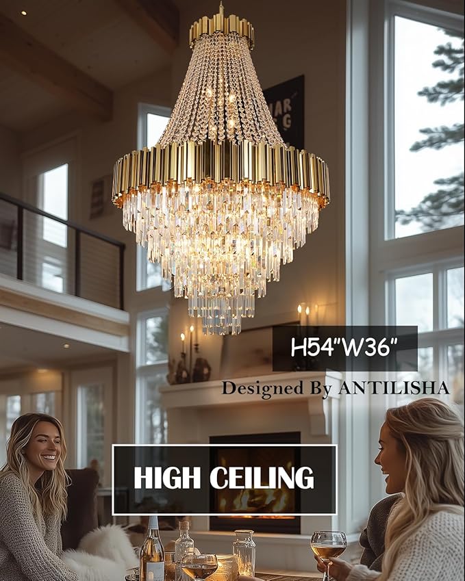 Crystal Chandeliers Modern Chandelier High Ceiling Foyer Entryway 21 Lights Gold Luxury Pendant Hanging Light Fixture for Living Room Entry Way Extra Large Vertical Tiered 36'' D x 54'' H