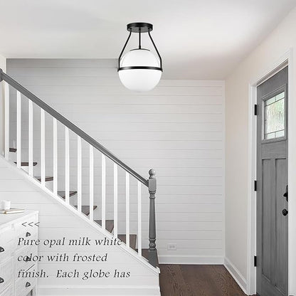 Bagood 10" Mid Century Ceiling Light Modern Semi Flush Mount Ceiling Light Fixture Globe Ceiling Light Fixture with Milk Glass Shade Matte Black Finish for Kitchen Island Hallway Foyer (Bulb Incl.)
