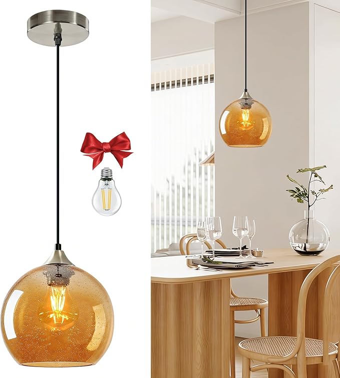 7.1in Medium Amber Glass Pendant Light for Kitchen Island, 1-Pack with Extra LED Bulbs & 4.92ft Adjustable Cord | Modern Minimalist Lighting for Dining Room, Living Room, Entryway