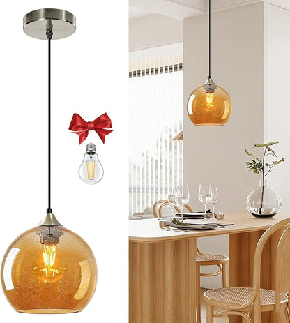 7.1in Medium Amber Glass Pendant Light for Kitchen Island, 1-Pack with Extra LED Bulbs & 4.92ft Adjustable Cord | Modern Minimalist Lighting for Dining Room, Living Room, Entryway