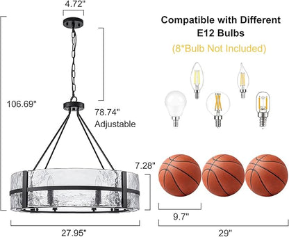 28" Black Glass Chandelier for Dining Room, 8-Light Modern Large Glass Drum Chandelier Dining Room Light Fixture Over Table, Hanging Pendant Light for High Ceiling Foyer Living Room