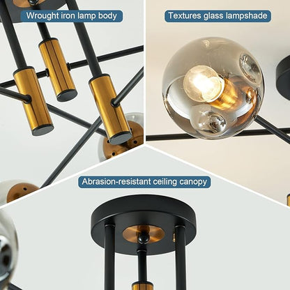 DDLLDESHI 6-Light Glass Globe Sputnik Chandelier Modern Matte Black and Gold Ceiling Light Fixture Vintage Hanging Chandeliers for Farmhouse Living Room, Kitchen Dining Room Bedroom